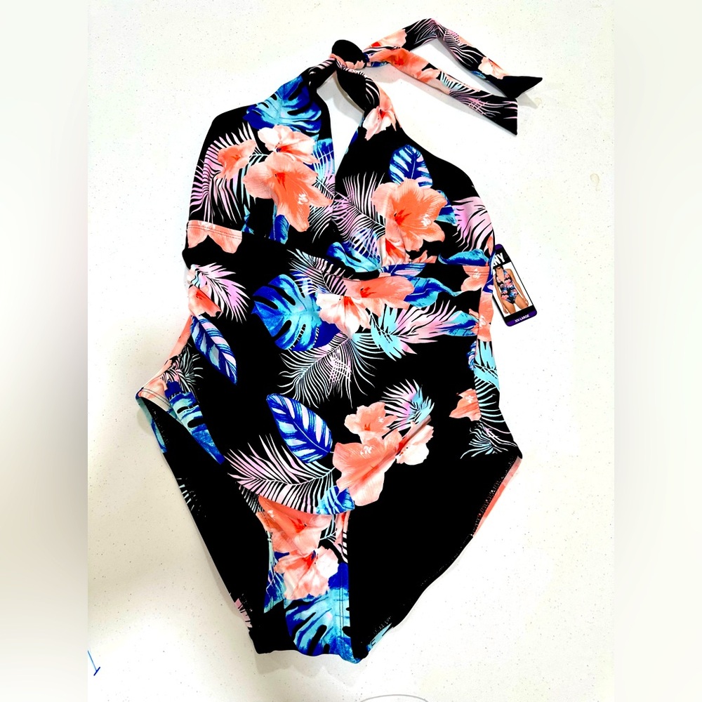 DKNY One piece black floral halter bathing suit, Size XXL, new with tags